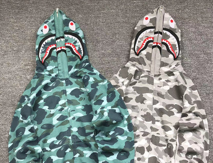 BAPE COLOR CAMO SHARK WIDE FULL ZIP DOUBLE HOODIE GREEN