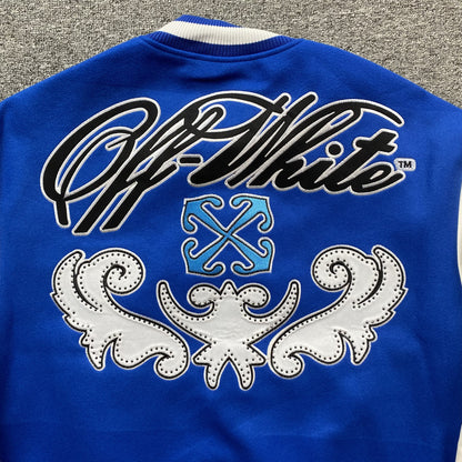 OFF WHITE LOGO APPLIQUE VARSITY JACKET ROYAL