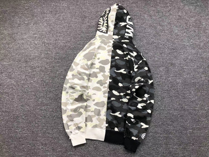 BAPE CITY CAMO HALF SHARK FULL ZIP HOODIE BLACK WHITE