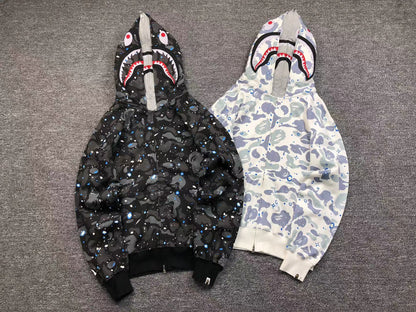 BAPE SPACE CAMO SHARK FULL ZIP DOUBLE HOODIE WHITE