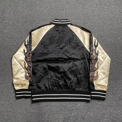 AMIRI SATIN FLAMES SOUVENIR VARSITY BOMBER JACKET BLACK