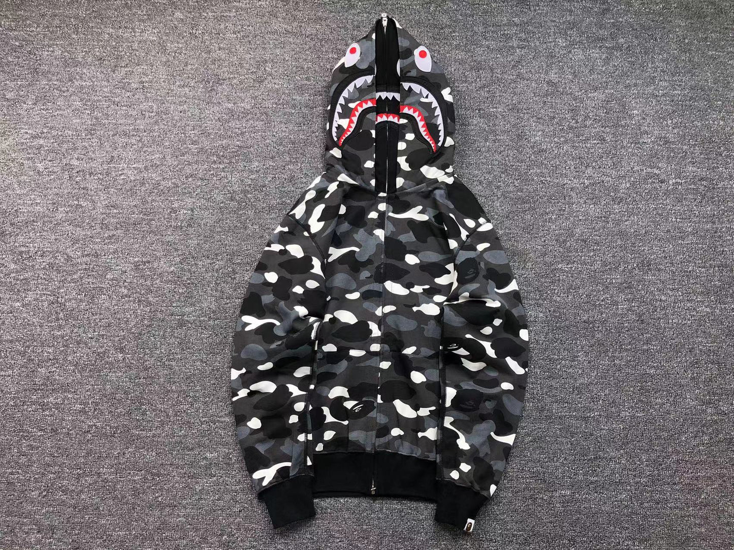 BAPE CITY CAMO SHARK WIDE FULL ZIP DOUBLE HOODIE BLACK