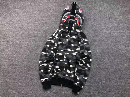 BAPE CITY CAMO SHARK WIDE FULL ZIP DOUBLE HOODIE BLACK