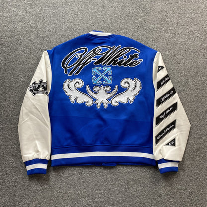 OFF WHITE LOGO APPLIQUE VARSITY JACKET ROYAL