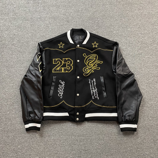 OFF WHITE BLING HORSEHOE VARSITY JACKET BLACK