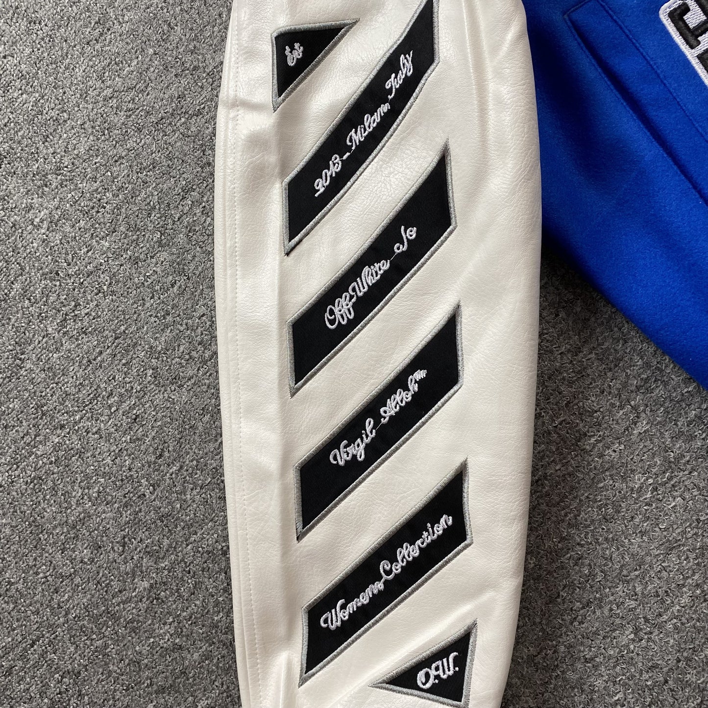 OFF WHITE LOGO APPLIQUE VARSITY JACKET ROYAL