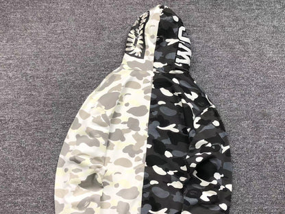 BAPE CITY CAMO HALF SHARK FULL ZIP HOODIE BLACK WHITE