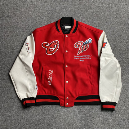 OFF WHITE PATCHWORK VARSITY JACKET RED