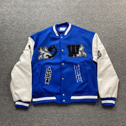 OFF WHITE LOGO APPLIQUE VARSITY JACKET ROYAL