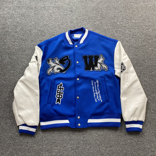 OFF WHITE LOGO APPLIQUE VARSITY JACKET ROYAL