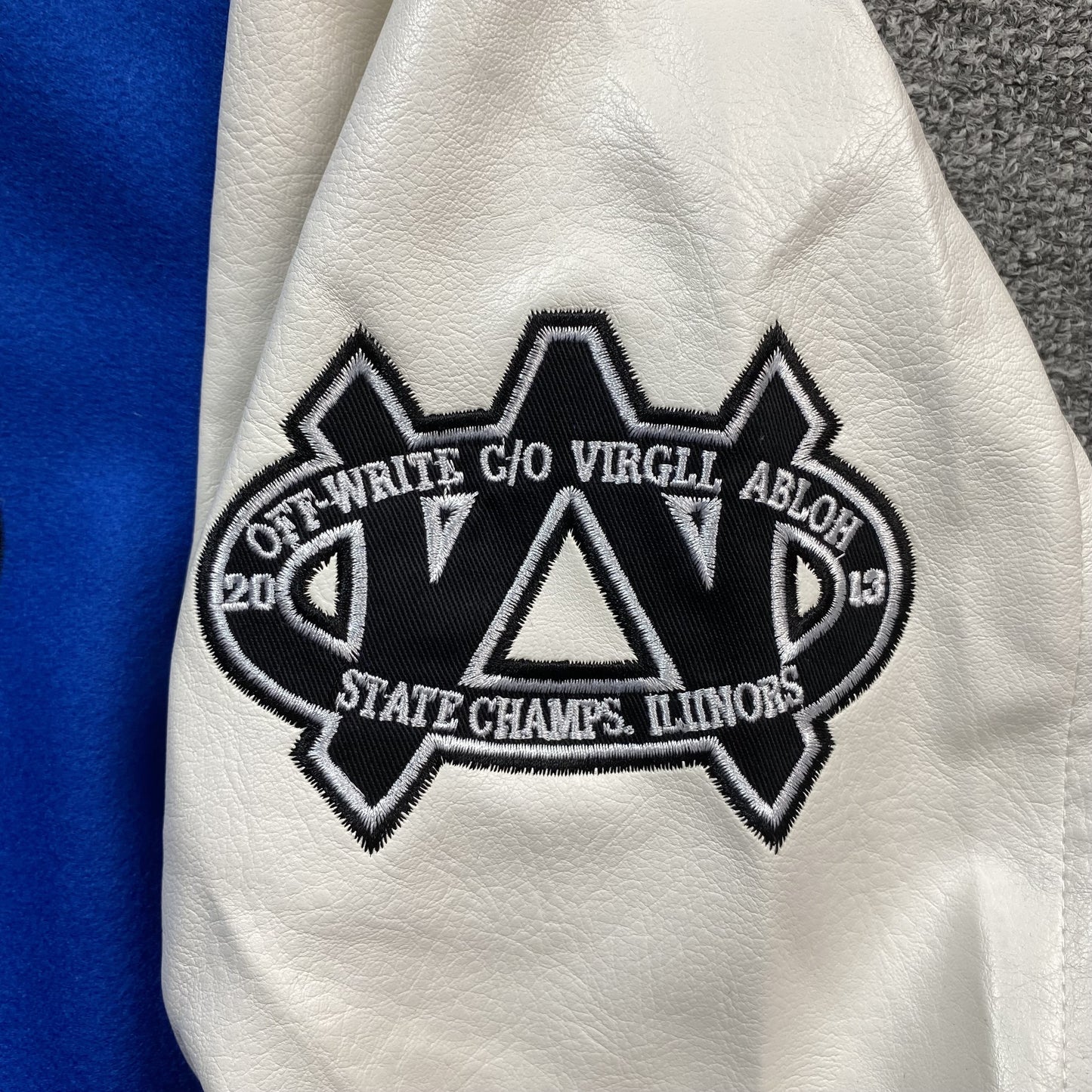 OFF WHITE LOGO APPLIQUE VARSITY JACKET ROYAL