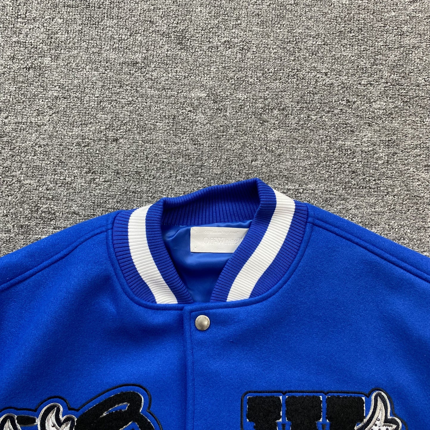 OFF WHITE LOGO APPLIQUE VARSITY JACKET ROYAL