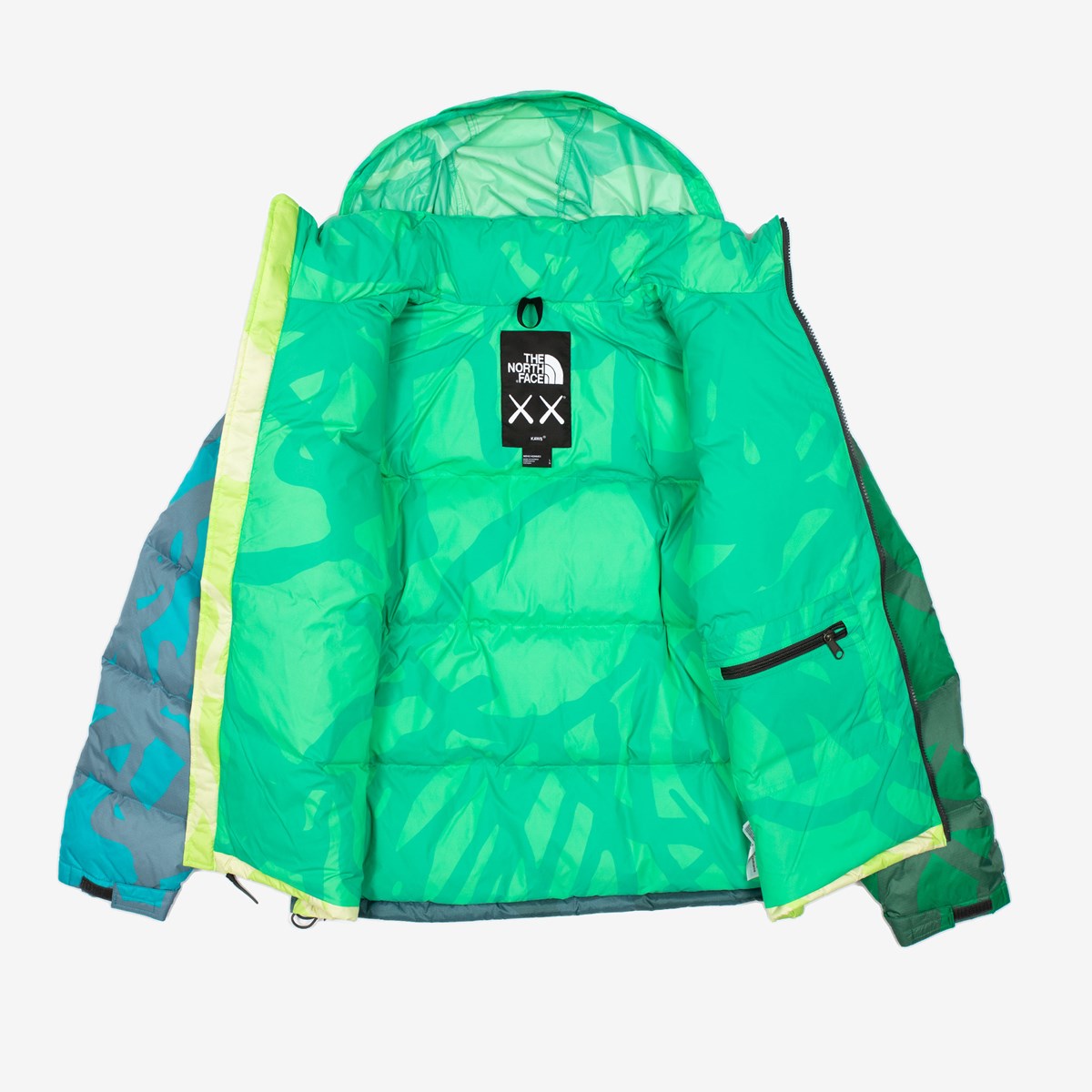 KAWS X THE NORTH FACE RETRO 1996 NUPTSE JACKET SAFETY GREEN NUPTSE PRINT