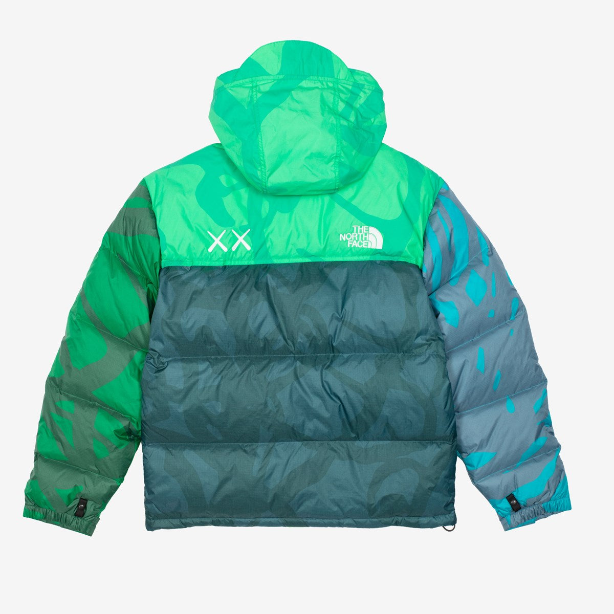 KAWS X THE NORTH FACE RETRO 1996 NUPTSE JACKET SAFETY GREEN NUPTSE PRINT