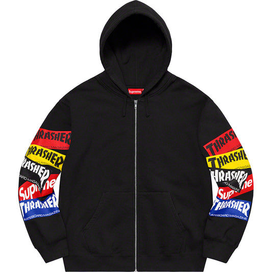 SUPREME THRASHER MULTI LOGO ZIP UP HOODIE BLACK