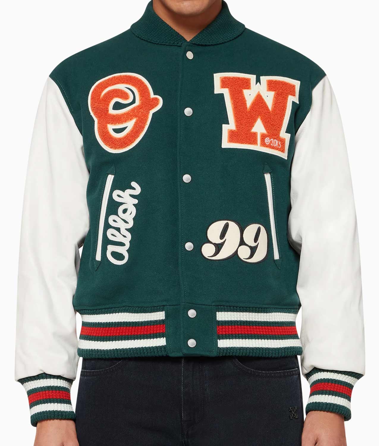 OFF WHITE LEATHER LOGO PATCH VARSITY JACKET