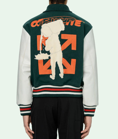 OFF WHITE LEATHER LOGO PATCH VARSITY JACKET