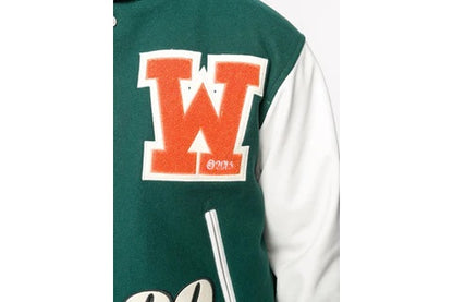 OFF WHITE LEATHER LOGO PATCH VARSITY JACKET